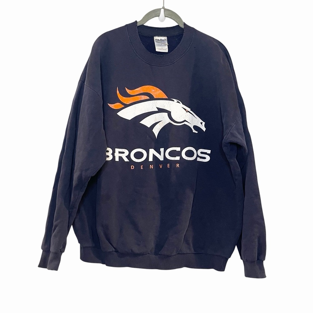 Vintage 90s Denver Broncos Crew Neck Sweatshirt Gildan Navy Blue Distressed Y2k